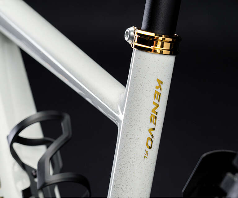 Eine vergoldete Sattelstützenklemme an der Sattelstange des Specialized Kenevo
